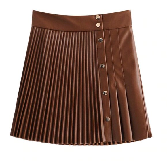 Zara Dresses & Skirts - Zara Faux Leather Women's Gold and Brown Pleated Mini Skirt women's Small